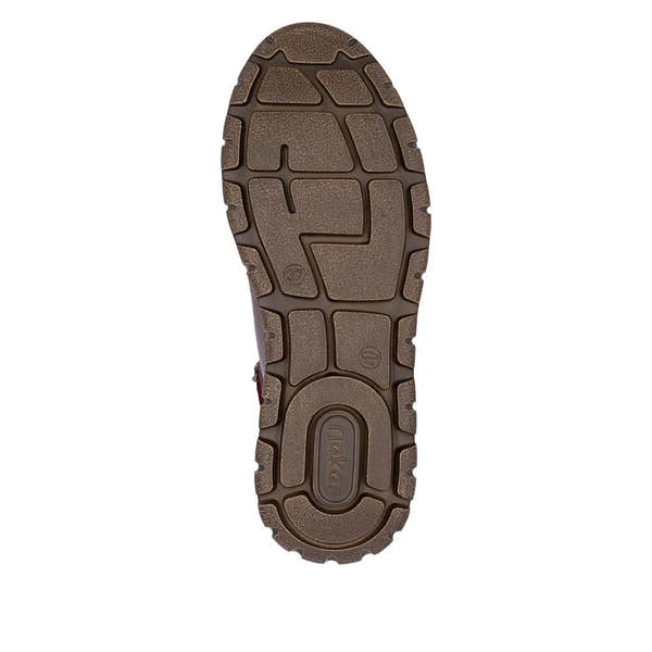 Rieker N1305-35 women's red leather ankle boots with zip and lace-up closure, durable rubber sole, and stylish design.