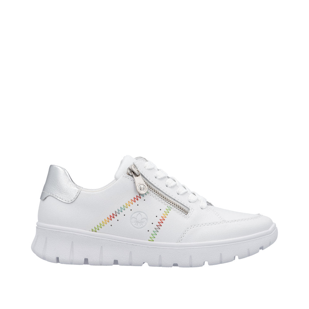 Rieker N1313-80 women's wide white leather trainers with zipper and lace, sporty design, cushioned sole.
