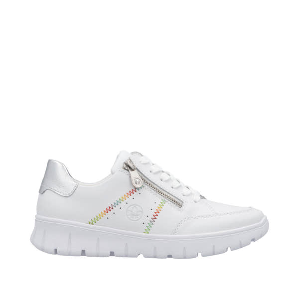 Rieker N1313-80 women's wide white leather trainers with zipper and lace, sporty design, cushioned sole.