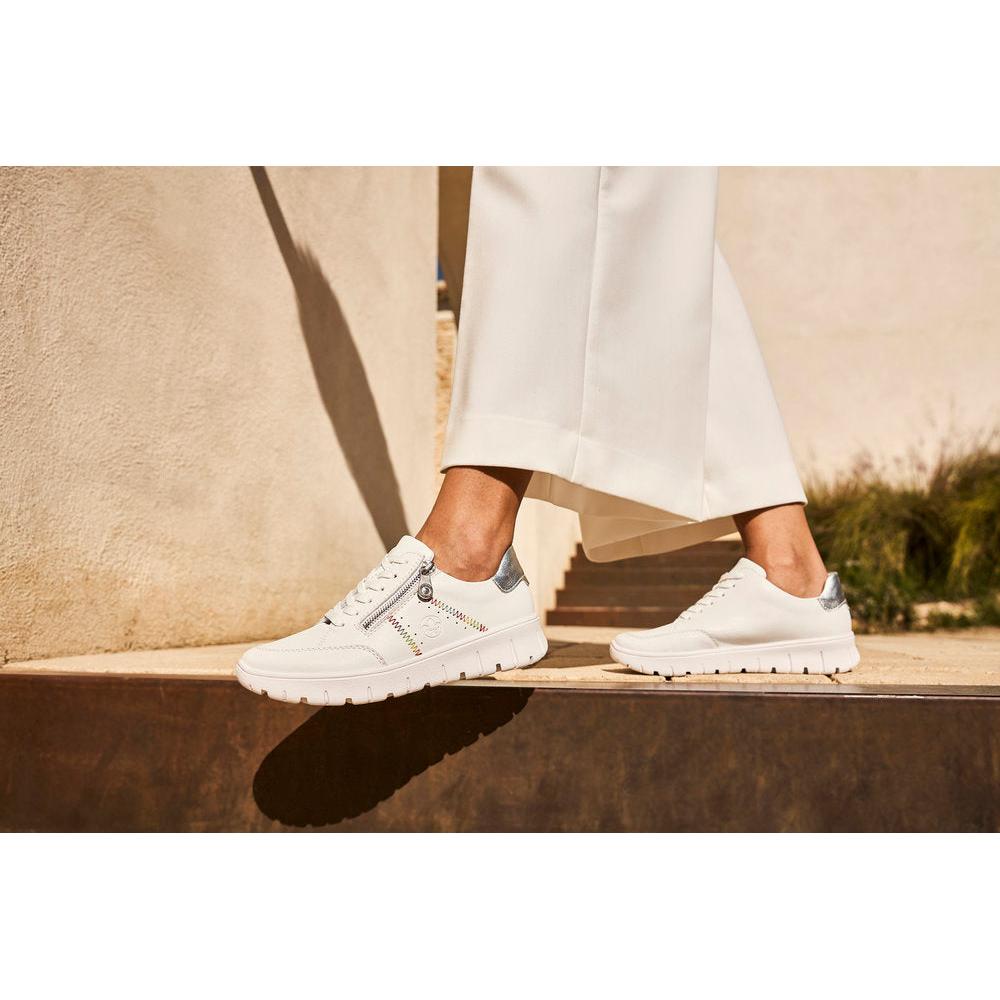 Rieker N1313-80 ladies white leather trainers with zip and lace, wide fit, stylish casual sneakers.