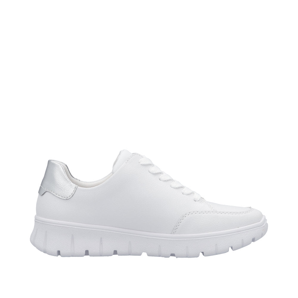 Rieker N1313-80 women's wide fit white leather trainers with zip and lace-up closure, cushioned sole, and stylish casual design.