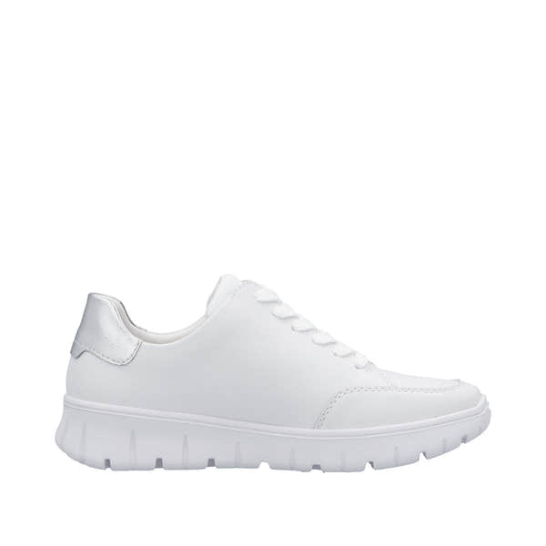 Rieker N1313-80 women's wide fit white leather trainers with zip and lace-up closure, cushioned sole, and stylish casual design.