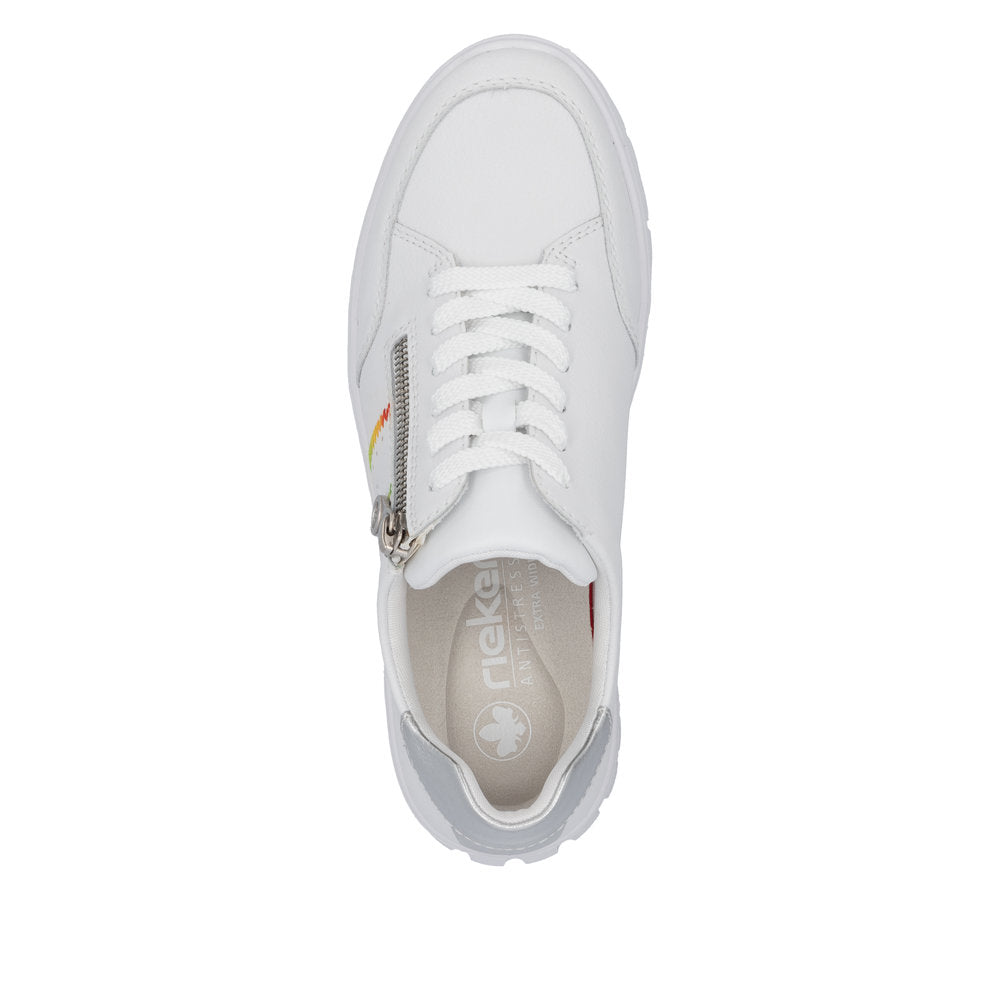 Rieker N1313-80 women's wide white leather trainers with zip and lace closure, anti-stress cushioned insole, stylish and comfortable footwear.