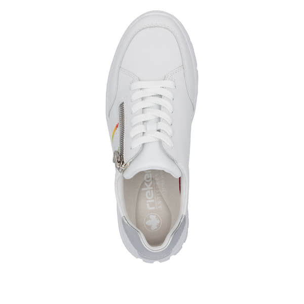 Rieker N1313-80 women's wide white leather trainers with zip and lace closure, anti-stress cushioned insole, stylish and comfortable footwear.