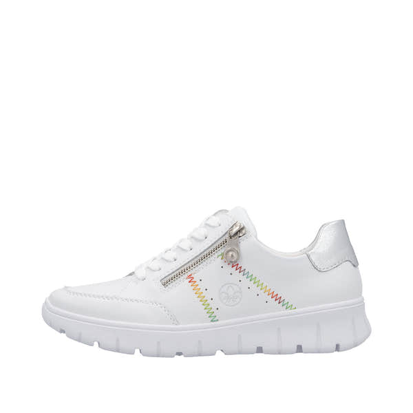 Rieker N1313-80 women's wide-fit white leather trainers with zip and lace, trendy zigzag rainbow stitching, and chunky sole.