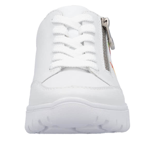 Rieker N1313-80 Ladies white leather trainers with zip and lace-up design, cushioned sole, and stylish sporty look.