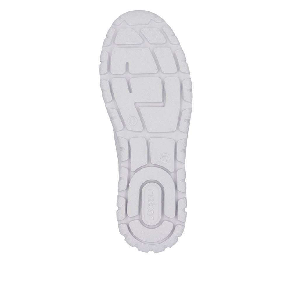 Rieker N1313-80 Ladies white leather trainers with zip and lace-up closure, wide fit, cushioned sole, and rubber tread outsole.