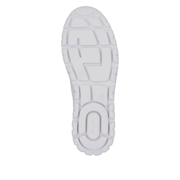 Rieker N1313-80 Ladies white leather trainers with zip and lace-up closure, wide fit, cushioned sole, and rubber tread outsole.
