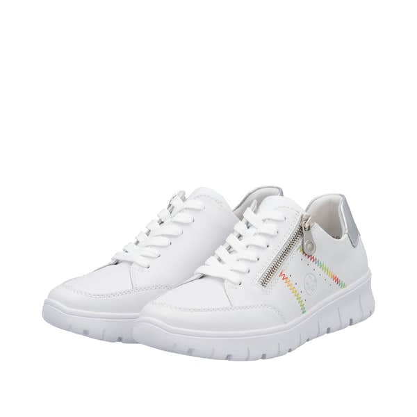 Rieker N1313-80 women's white leather trainers with side zipper, lace-up closure, colorful stitching, and wide fit.