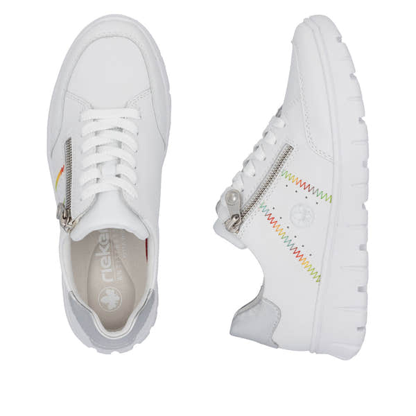 Rieker N1313-80 women's wide white leather trainers with zip and lace-up closure, colorful zigzag detail, cushioned insole, lightweight sole.