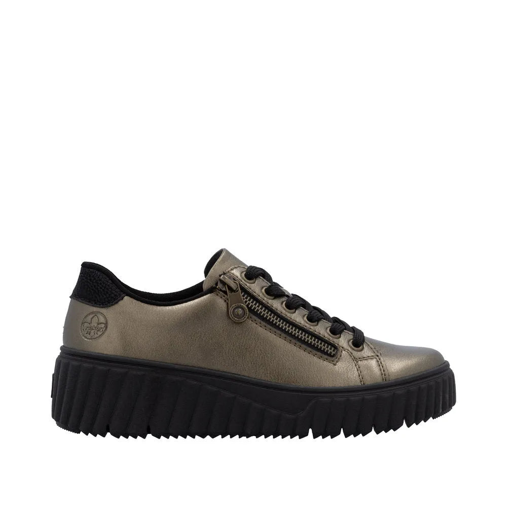 Rieker ladies bronze leather trainers with lace-up and side zipper, chunky black sole, and padded collar for comfortable wear.