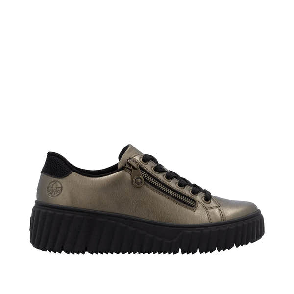 Rieker ladies bronze leather trainers with lace-up and side zipper, chunky black sole, and padded collar for comfortable wear.
