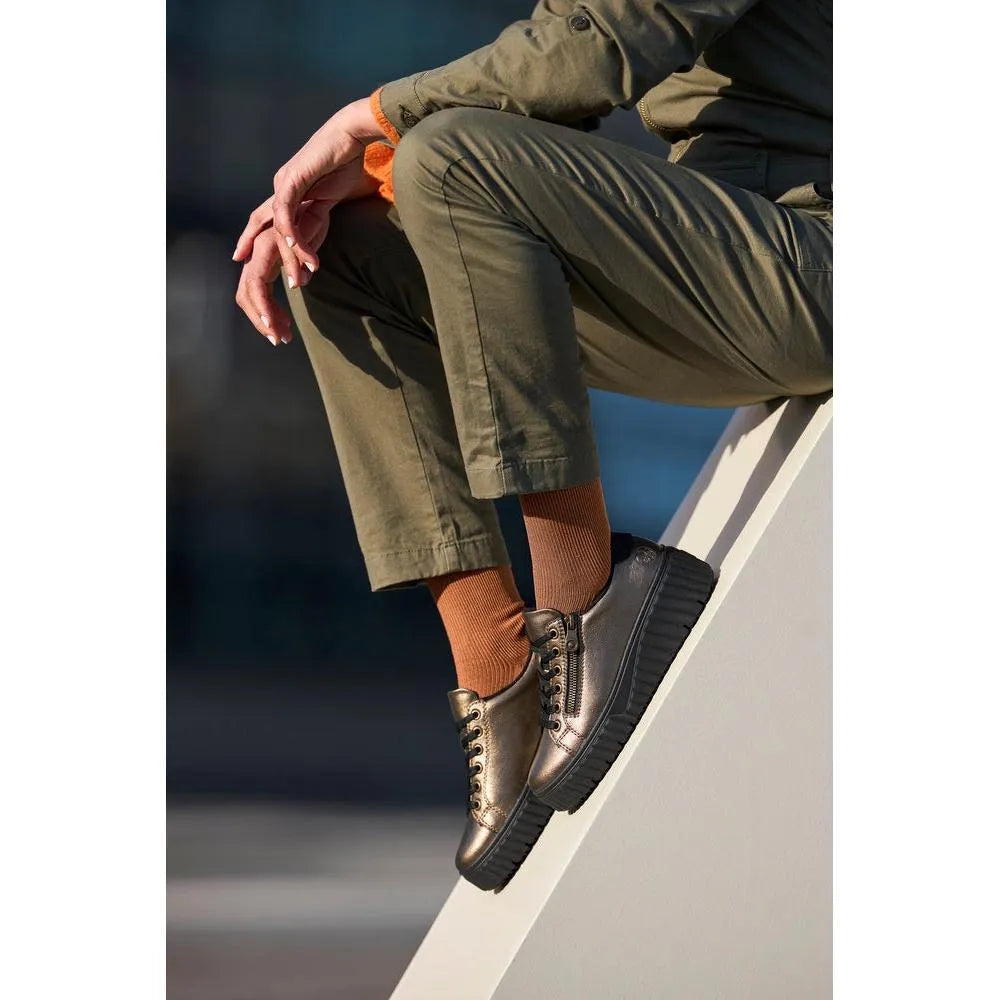 Rieker N2501-90 women's bronze leather zip and lace-up trainers, stylish casual shoes with chunky black soles.