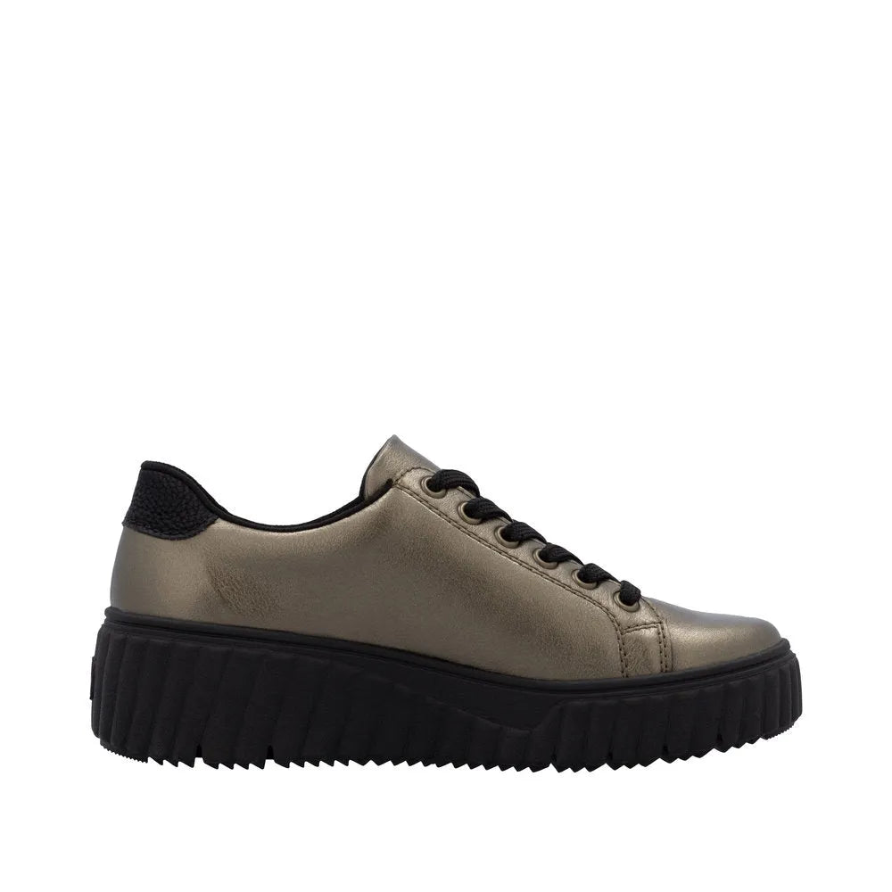 Rieker N2501-90 women's bronze leather trainers with lace-up front, zip closure, and chunky black rubber sole.