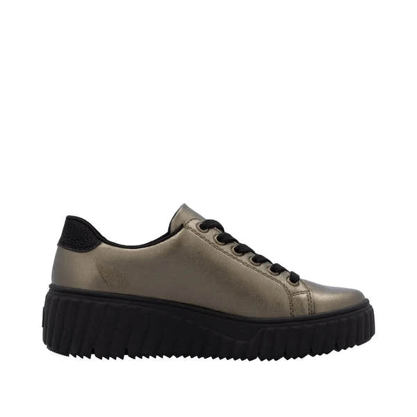 Rieker N2501-90 women's bronze leather trainers with lace-up front, zip closure, and chunky black rubber sole.