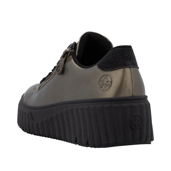 Rieker N2501-90 ladies bronze leather trainers with zip, lace-up, chunky black sole, and textured heel.