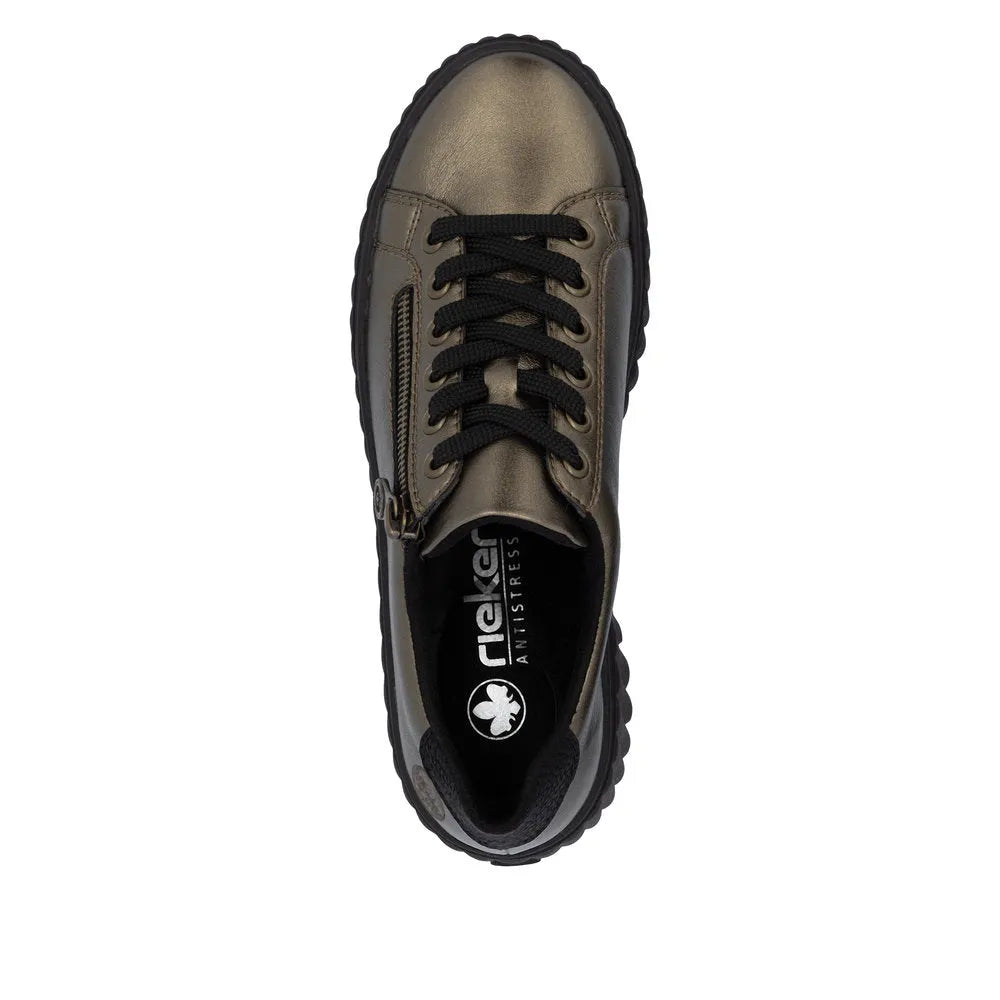 Rieker N2501-90 ladies bronze leather trainers with zip and lace fastening, cushioned sole, and sporty design.