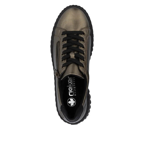 Rieker N2501-90 ladies bronze leather trainers with zip and lace fastening, cushioned sole, and sporty design.