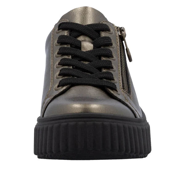 Rieker N2501-90 ladies bronze leather trainers with black laces, side zipper, and chunky black sole.