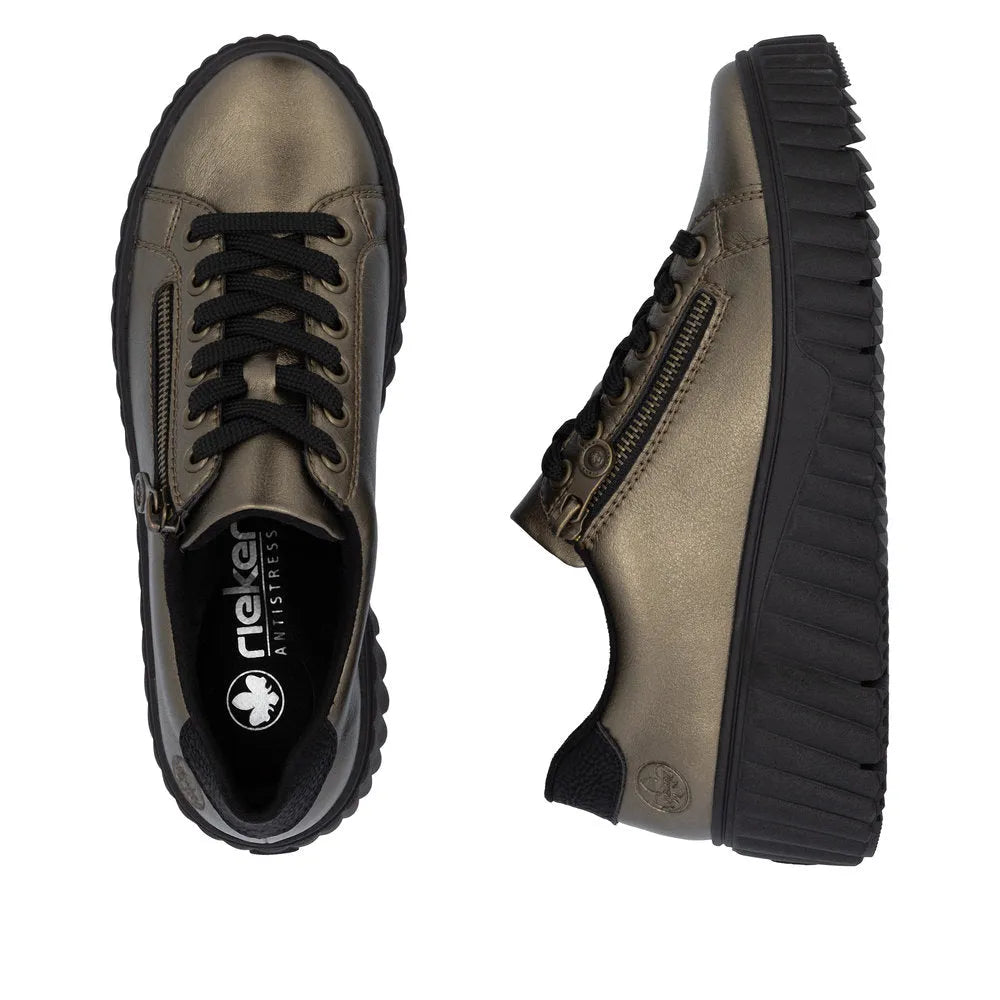 Rieker N2501-90 ladies bronze leather trainers with zip and lace-up design, black sole, comfortable casual footwear.