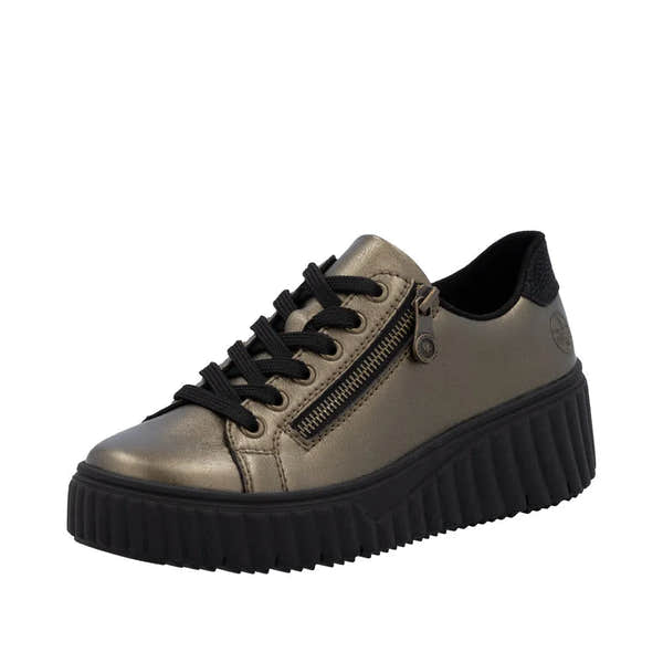 Rieker N2501-90 women's bronze leather trainers with black laces, side zipper, chunky black sole, and sporty design.