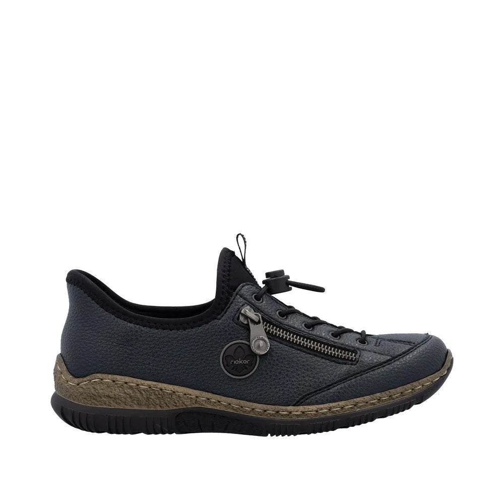 Rieker N3267-15 Ready2Go women's blue slip-on shoes with zipper detail and cushioned sole.