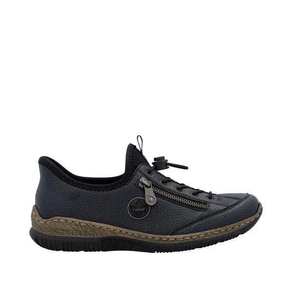 Rieker N3267-15 Ready2Go women's blue slip-on shoes with zipper detail and cushioned sole.