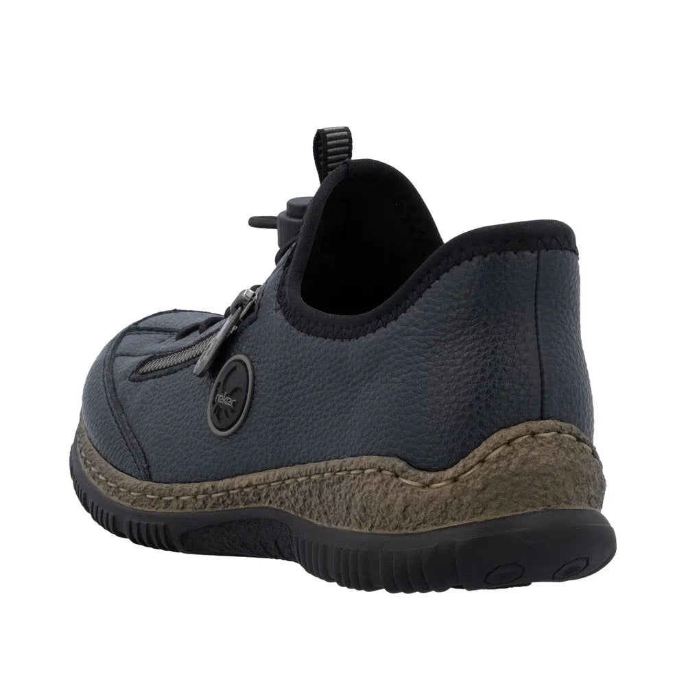 Rieker N3267-15 Ready2Go women's blue slip-on shoes with textured leather upper and cushioned sole.