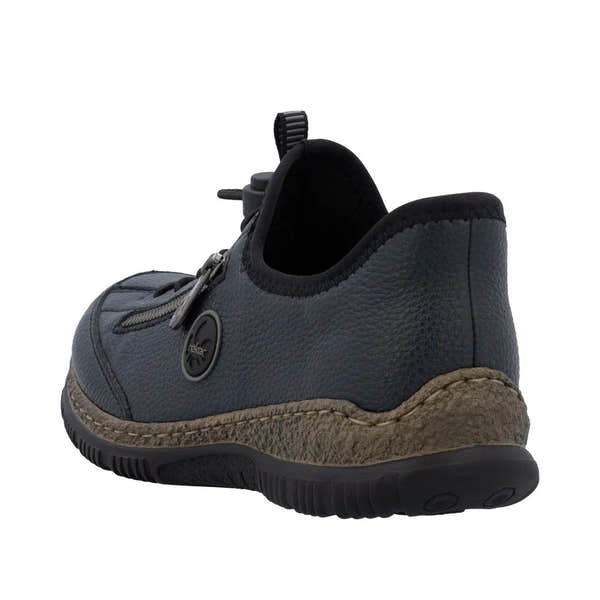 Rieker N3267-15 Ready2Go women's blue slip-on shoes with textured leather upper and cushioned sole.