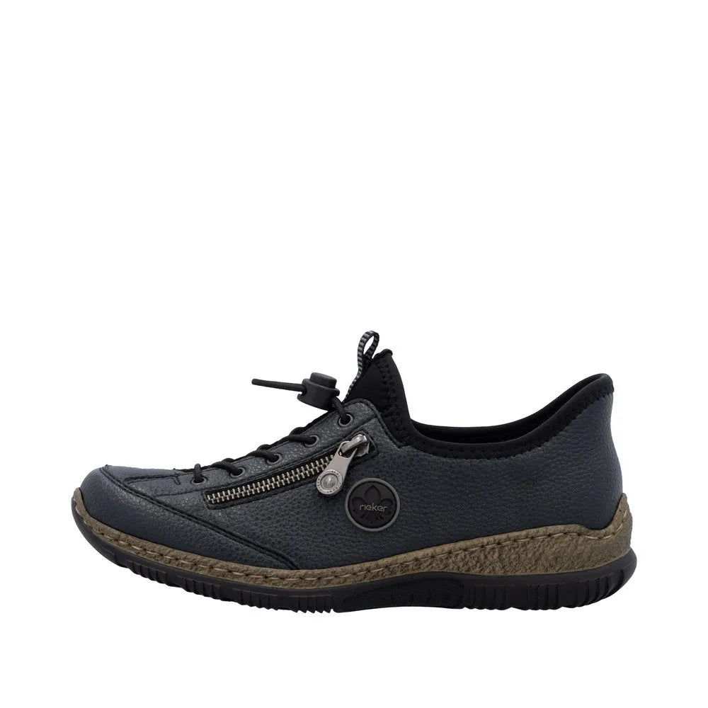 Rieker N3267-15 Ready2Go women's blue slip-on shoes with zipper detail and cushioned sole.
