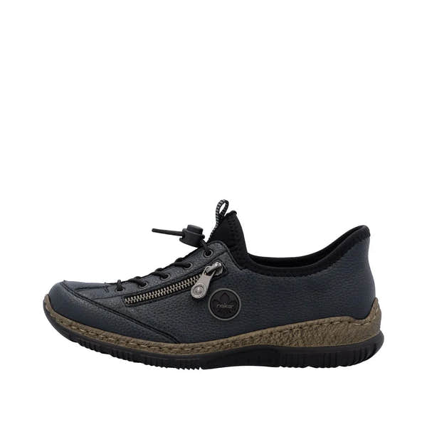 Rieker N3267-15 Ready2Go women's blue slip-on shoes with zipper detail and cushioned sole.