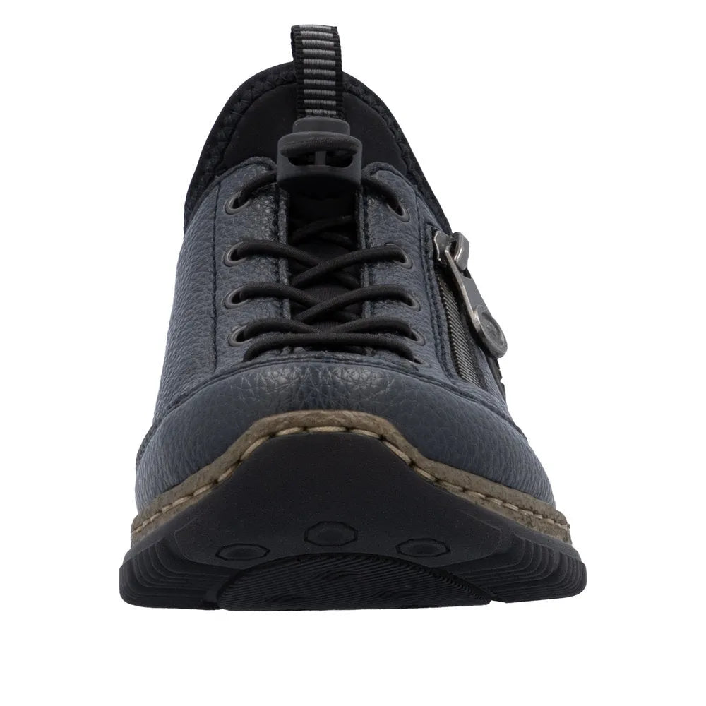 Rieker N3267-15 Ready2Go women's blue slip-on shoes with laces, zipper detail, and comfortable design.
