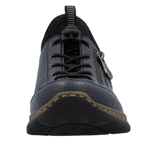 Rieker N3267-15 Ready2Go women's blue slip-on shoes with laces, zipper detail, and comfortable design.