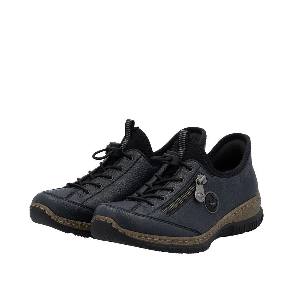Rieker N3267-15 Ready2Go women's blue slip-on shoes with lace-up and zipper detail, cushioned sole, and casual comfortable design.