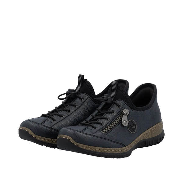Rieker N3267-15 Ready2Go women's blue slip-on shoes with lace-up and zipper detail, cushioned sole, and casual comfortable design.