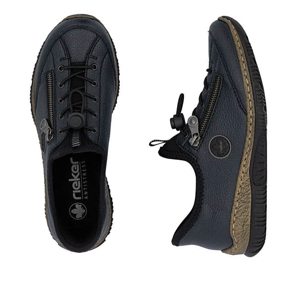 Rieker N3267-15 Ready2Go women's blue slip-on shoes with zipper detail and cushioned sole, lightweight and comfortable footwear.