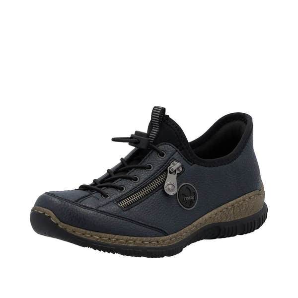 Rieker N3267-15 Ready2Go ladies blue slip-on shoes with zipper detail, comfortable sporty design, and textured upper.