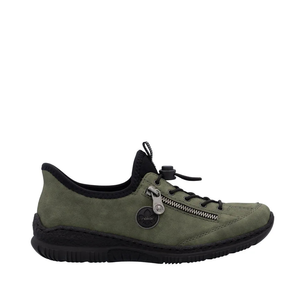 Rieker N3267-54 Ladies Green Slip-On Shoes with zipper and elastic lacing, casual and comfortable footwear for women.