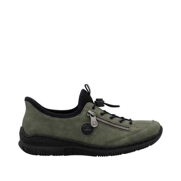 Rieker N3267-54 Ladies Green Slip-On Shoes with zipper and elastic lacing, casual and comfortable footwear for women.