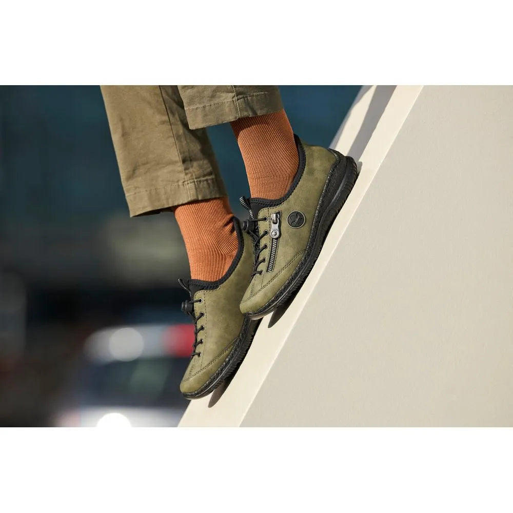 Rieker N3267-54 women's green slip-on shoes with zippers, black accents, and casual design, ideal for everyday wear.