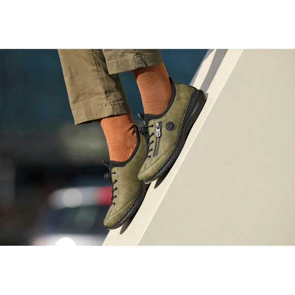 Rieker N3267-54 women's green slip-on shoes with zippers, black accents, and casual design, ideal for everyday wear.