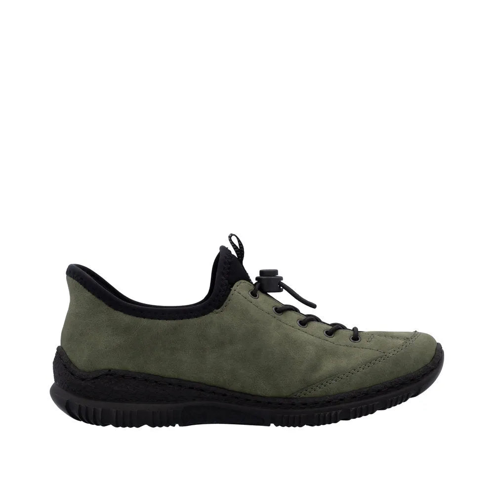 Rieker N3267-54 women's green slip-on Ready2Go shoes with black sole and lace-up detail.