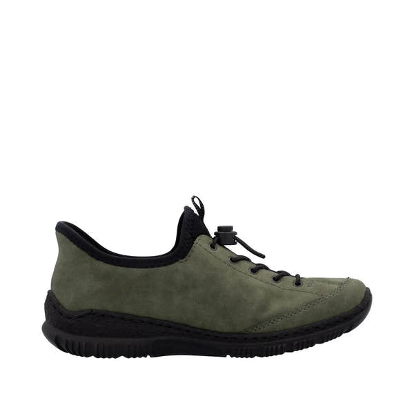 Rieker N3267-54 women's green slip-on Ready2Go shoes with black sole and lace-up detail.