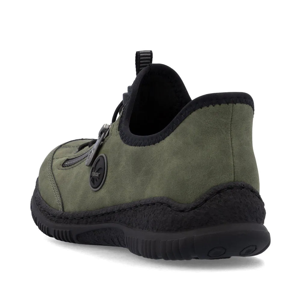 Rieker N3267-54 Ladies Green Ready2Go Slip-On Shoes with black sole and zipper detail.