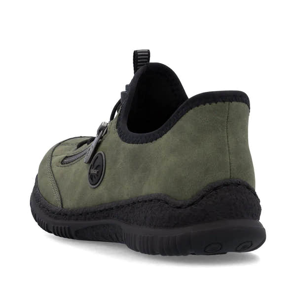 Rieker N3267-54 Ladies Green Ready2Go Slip-On Shoes with black sole and zipper detail.