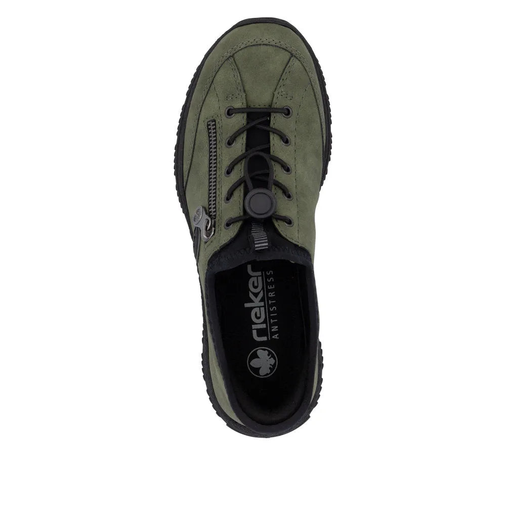 Rieker N3267-54 Ladies Green Slip-On Shoes with zip detail, elastic laces, and AntiStress comfort features.