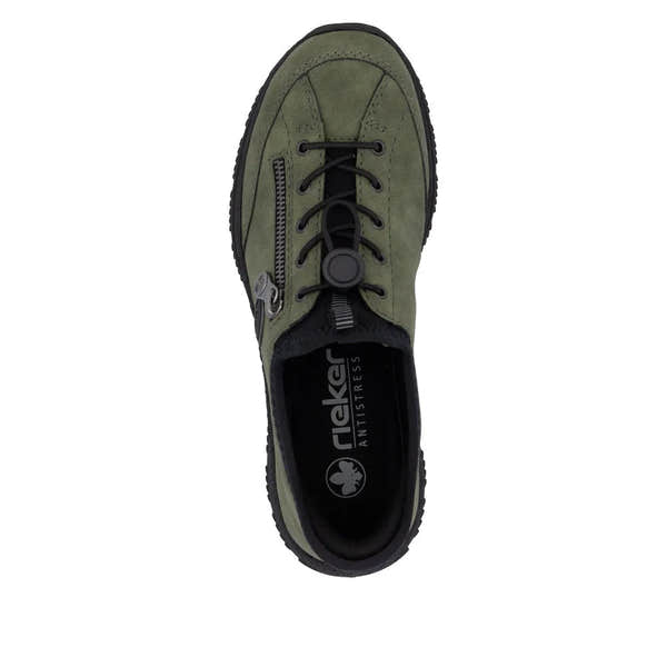 Rieker N3267-54 Ladies Green Slip-On Shoes with zip detail, elastic laces, and AntiStress comfort features.
