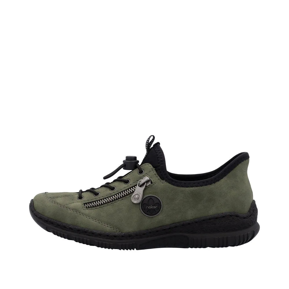 Rieker N3267-54 Ladies Green Slip-On Shoes with zipper detail and elastic sole for comfort.