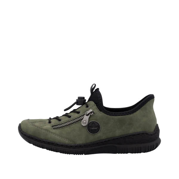 Rieker N3267-54 Ladies Green Slip-On Shoes with zipper detail and elastic sole for comfort.