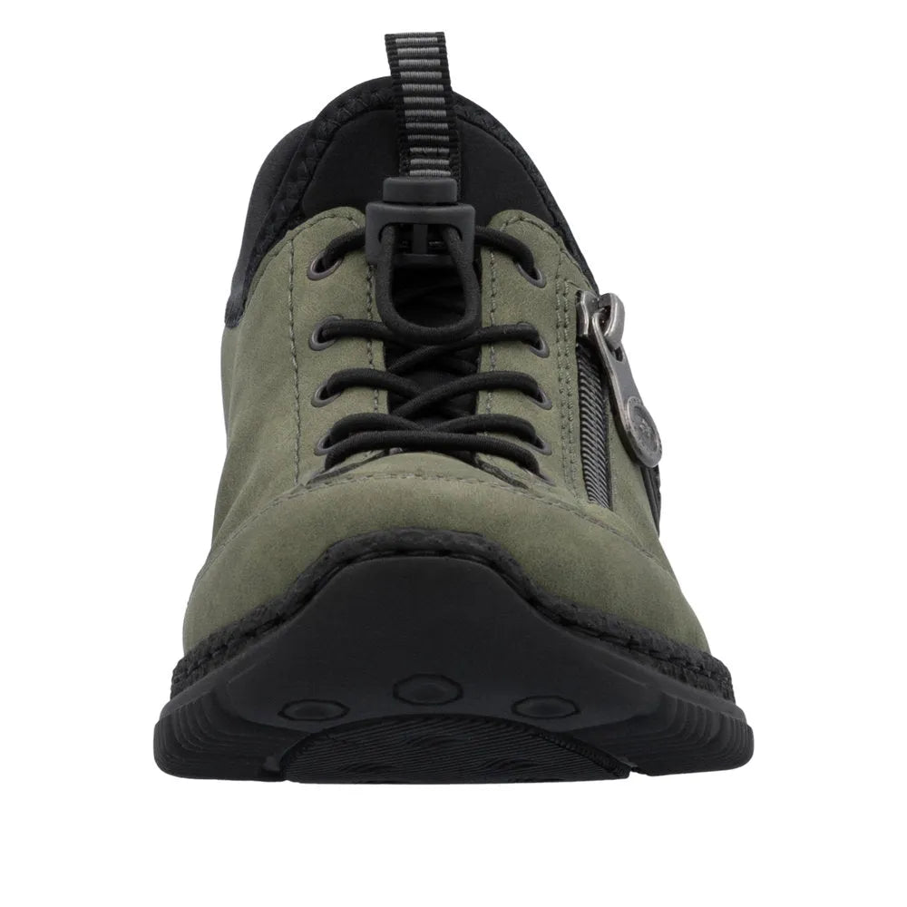 Rieker N3267-54 women's green slip-on shoes with black accents, lace-up front, side zipper, and ready2Go comfort design.